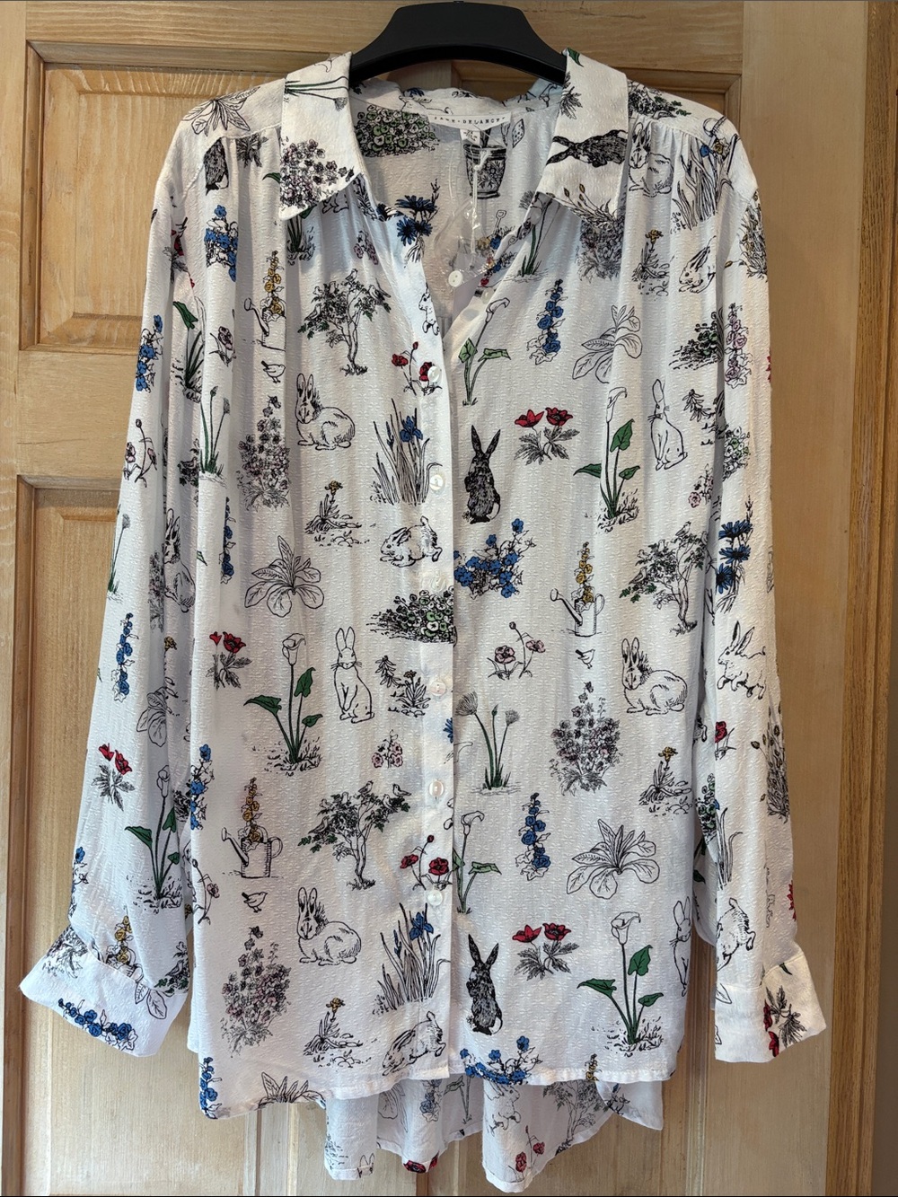 Jane and Delancey White Button-Down Blouse with Floral & Bunny Motif